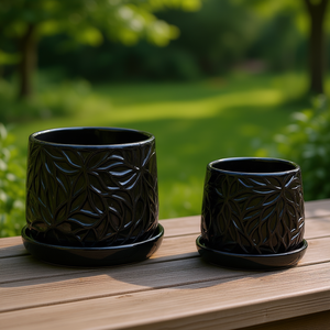 กระถางเซรามิก Mdj ชุด 2 ใบ สีดำเงา ทรงกลม พร้อมจานรอง สำหรับใช้ในบ้าน สวน ทั้งภายในและภายนอกอาคาร - Product Image 6