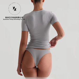 T-shirt personnalisé par le fabricant, 95% coton, 5% élasthanne, t-shirt pour femme, crop top, manches courtes, ajusté, compression, sport, gym - Product Image 6