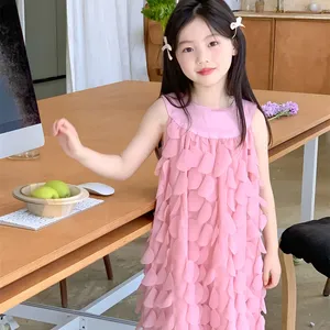 2024 gaun tanpa lengan bayi bayi perempuan desain Korea gaun anak-anak pakaian ruffles solid pink 4191