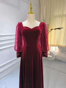 S1591N New High-Quality Hot-Selling Burgundy Velvet Long-Sleeved Wedding Long Bridal Women Evening Dress - Product Image 3