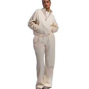 Personnalisé Automne Hiver Femmes Col Entonnoir Demi Zip Sweat Femmes Solide <span class=keywords><strong>Beige</strong></span> Couleur Casual Sportswear Ensembles - Product Image 2