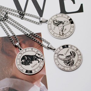 Collier pendentif zodiaque en acier inoxydable, chaîne à breloque ronde, plaqué argent, bijoux classiques unisexes, à porter au quotidien - Product Image 4
