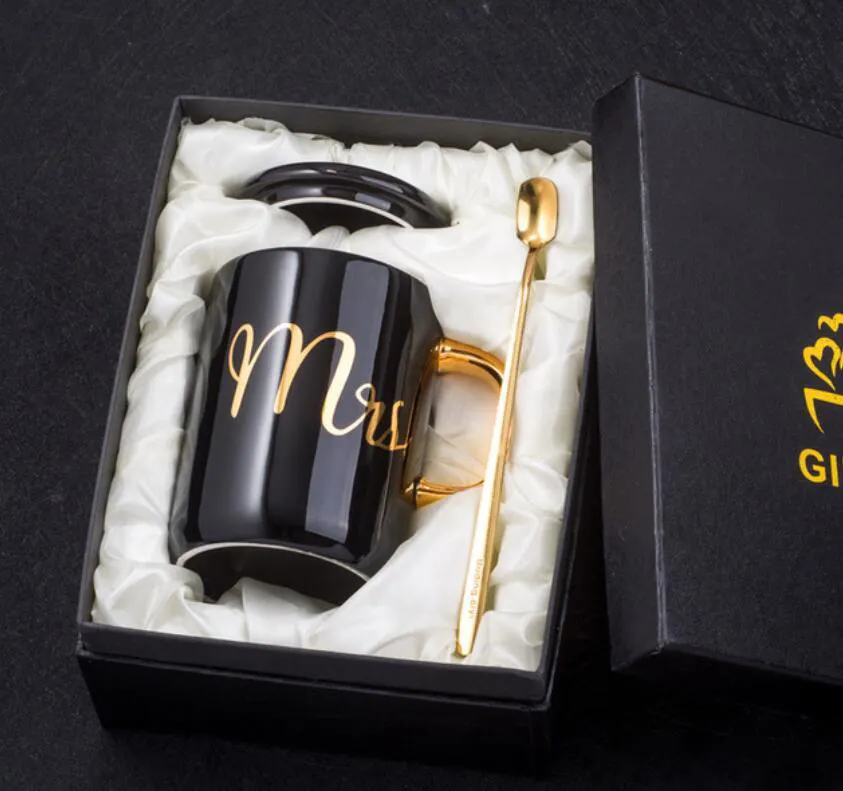 Phong Cách Bắc Âu Vàng Xử Lý Gốm Mug Với Nắp Và Muỗng Biểu Tượng Tùy Chỉnh 11Oz Luxury Trắng Đồ Đá Cup Đen Gốm Cốc Cà Phê