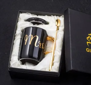 Caneca de café personalizada com 11oz, canecas de café costuradas brancas de luxo com tampa e colher de cerâmica com alça dourada