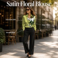 Chemisier en satin vert chartreuse à imprimé floral, manches longues, col en V, pour femme, élégant, pour le bureau, décontracté, soirée, haut tendance