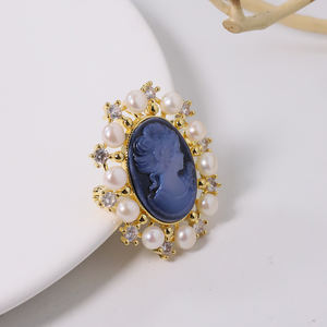 Perles naturelles camée <span class=keywords><strong>bleu</strong></span> sculpté incrusté Zircon broches femmes mode bijoux broches perle <span class=keywords><strong>broche</strong></span> madame cadeau - Product Image 3