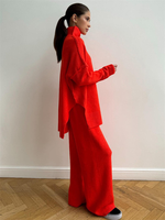 Ensemble deux pièces en cachemire 100 % tricoté pour femme : pull à col roulé à manches chauve-souris et ourlet fendu, pantalon décontracté à jambes larges, tenue de détente