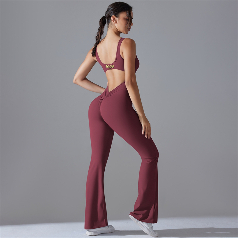 High Quality Women Gym Sport Elastic Waist Yoga Jumpsuit V-back Scrunch Full Length Quickly Dry Breathable Fitness Bodysuits