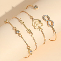 Go Party Set de 4 Bracelets Manchette Femme 8 Symboles Infini avec Double Cœur & Flèches, Strass et Joncs Creux