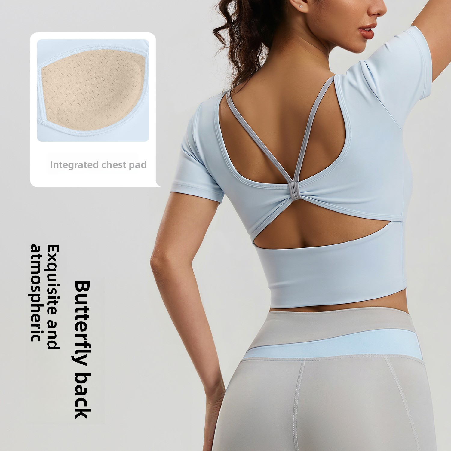 New Butterfly Beautiful-Back Women's Yoga Top Spandex/Polyester Padded Cups Short-Sleeve Cross-Strap Breathable Workout