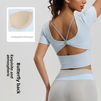 Nouveau haut de yoga pour femme, motif papillon, dos élégant, en Spandex/Polyester, avec coussinets rembourrés, manches courtes, bretelles croisées, respirant, couleur unie