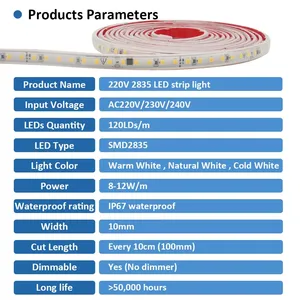 Bande lumineuse <span class=keywords><strong>LED</strong></span> <span class=keywords><strong>220V</strong></span> 230V AC SMD2835 IP67 12W/m, 120 <span class=keywords><strong>LED</strong></span>/m, <span class=keywords><strong>ruban</strong></span> flexible, blanc chaud/froid, dimmable, étanche, pour extérieur et jardin - Product Image 1
