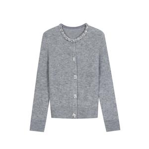 Suéter de Punto de Lana y Alpaca para Mujer, Elegante, Gris, Cuello Redondo, Manga Larga, Cierre de Botón, Adornado con Pedrería, Transpirable, para Primavera - Product Image 5