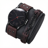 Kit Montre et Bracelet pour Homme en Gros de l'Usine : Boîtier Noir, Bracelet Large en Cuir Marron, Cadran Noir – Personnalisation de Logo en Petites Séries
