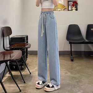<span class=keywords><strong>Jean</strong></span> en denim taille haute élastique coupe droite couleur claire pour <span class=keywords><strong>femme</strong></span> – Tendance, ample, amincissant, style streetwear large - Product Image 3