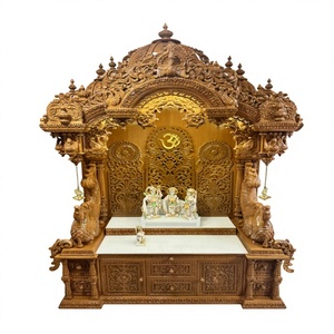 Altar de Oración Espiritual de Madera de Teca Tradicional con Almacenamiento, Estilo ISKCON, Mandir de Madera con Tallado Elaborado para el Hogar, Pooja Mandir London - Product Image 1