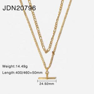 펑크 힙합 14K 골드 스테인레스 스틸 쥬얼리 커브 쿠바 피가로 체인 더블 레이어 Chocker T 모양의 펜던트 목걸이 - Product Image 6