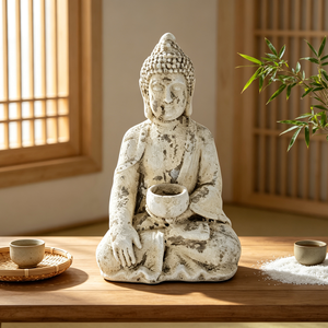 Statue de <span class=keywords><strong>Bouddha</strong></span> en oxyde de magnésium de 12,4 pouces (31,5 cm) avec bol, sculpture de <span class=keywords><strong>jardin</strong></span> vintage patinée <span class=keywords><strong>pour</strong></span> la décoration de patio extérieur - Product Image 1