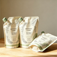 Pochette souple mate personnalisée 500 ml à bec verseur, imprimée thème végétal, réutilisable, avec couvercle, pour nettoyant corporel liquide