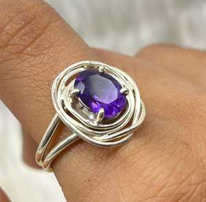Bague fantaisie vintage en argent sterling 925 avec améthyste naturelle sertie clos, sans nickel, sans plomb, bijoux bohèmes violets pour femme, mariage - Product Image 6