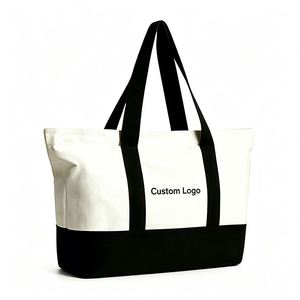 Custom Logo Printed Fashion Canvas <b>Tote</b> Bag with Exterior Pocket and Secure Top Zipper for Work Shopping <b>Travel</b> Use - Product Image 2