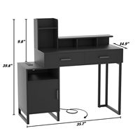 Bureau de maquillage moderne en bois noir avec prise électrique intégrée, table de toilette durable avec tiroirs, armoires et étagères ouvertes, compact pour salon