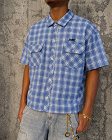 Fabricant de T-shirts Personnalisés – Chemise en Flanelle à Carreaux Oversize Boutonnée à Manches Courtes, Coupe Boxy, Style Patchwork, pour Homme