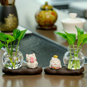 Cute Cartoon Lucky Cat Hydroponic Vase Round Resin Tabletop Decor For Chinese New Year Office Desk Decoration - Product Image 1