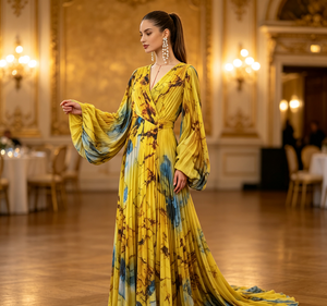 Abito lungo da donna 2026 <span class=keywords><strong>giallo</strong></span> con stampa marmorizzata, plissettato, casual, scollo a V, maniche a sbuffo, per serate ed eventi, tinta unita - Product Image 3