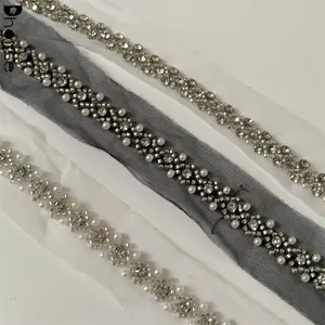 Commercio all'ingrosso 1cm in bianco e nero strass con perline ricamo nastro di pizzo trim