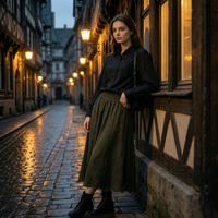 Ensemble décontracté deux pièces pour femme D&M : chemise brodée unie à manches longues et jupe midi taille haute en dentelle