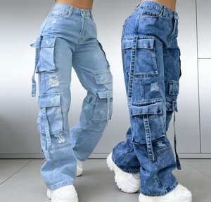 <span class=keywords><strong>Jeans</strong></span> da Donna Y2K Vintage a Gamba Larga, Taglia S-6XL, Vita Alta, Stile Casual Streetwear, Pantaloni Cargo con Grandi Tasche, Stile Boyfriend - Product Image 1