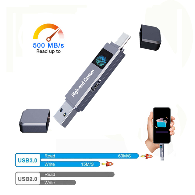 Custom fat32 USB C Memory Sticks 128GB Secure Key Encrypted solid state finger printing usb drive with Daul