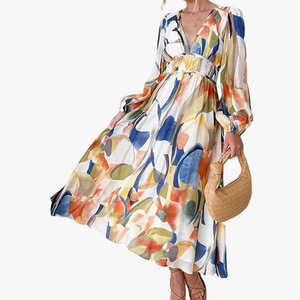 Vestidos Midi Casuales de Manga Larga con Estampado Profundo en V y Cintura Alta para Mujer - Product Image 6
