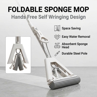 Serpillère pliable à éponge avec essorage mains libres et manche en acier pour la maison, la cuisine et la salle de bain