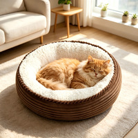 Coussin rond anti-anxiété pour chat, en peluche moelleuse, confortable, de qualité supérieure, en bouclette, avec fond imperméable, pour animaux de compagnie