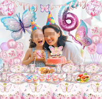 Assiettes, gobelets, serviettes, nappes, ballons, accessoires, décorations de gâteau, drapeaux, vaisselle et fournitures pour fête prénatale ou anniversaire sur le thème des papillons