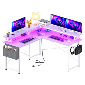 Small Spaces Carbon Fiber Purple L-Shaped <strong>Computer</strong> <strong>Desk</strong> with LED Lights Power Outlets for Home Office Study Work Gaming Bedroom - Product Image 1