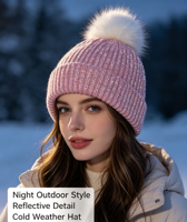 Bonnet en tricot réfléchissant à pompon, motif écossais, personnalisable avec logo, unisexe, ajustable, en acrylique, pour sports de plein air et usage décontracté