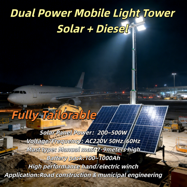 Hybrid Light Tower 4x200W LED with 10kWh Battery-Solar/Diesel Dual Power Blue IP65 for Mining & Remote Construction