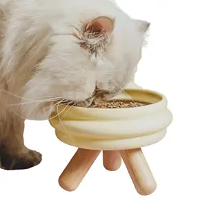 Venda quente colorido cerâmica comida água gato tigela destacável pescoço guarda pet alimentador com suporte de madeira