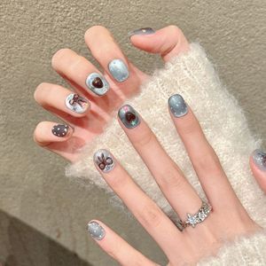 10 Uñas Postizas Hechas a Mano, Color Azul Claro-Marrón con Lazo, Dulces y Vibrantes, Estilo Fantasía, Perfectas para Regalar a Chicas y Amigas - Product Image 4