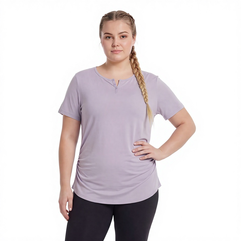 Plus Size V-Neck Slim-Fit Henley Shirt Quick Dry Women's Waist-Cinching Fitness T-Shirt Yoga Wear Short Sleeve Pilates Running