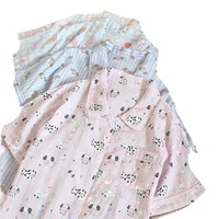 Piyama Katun Murni 100% Wanita, Desain Kartun Berlapis Ganda, Bahan Bernapas, Lengan Pendek Musim Panas, Celana Pendek, Kerah Lapel