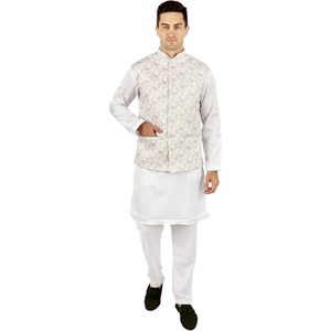Triloki Ikkat 3-In-1 Set <b>Men's</b> Ethnic Indian Traditional <b>Kurta</b> <b>Pajama</b> & Waistcoat 100% Cotton Washable Diwali Puja Groom Wear - Product Image 1