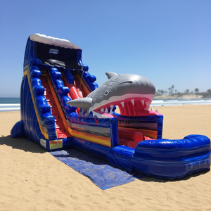 สไลเดอร์น้ำเป่าลมรูปฉลามแบบกำหนดเองสำหรับใช้งานเชิงพาณิชย์ ทนทาน พร้อมเครื่องเป่าลม รับประกัน <span class=keywords><strong>3</strong></span> ปี รับน้ำหนักได้ 500 กก. แทรมโพลีนเป่าลม - Product Image 1