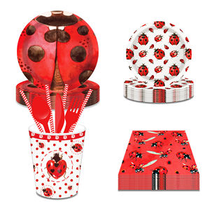 Huancai <span class=keywords><strong>coccinelle</strong></span> fête fournitures assiettes en papier rouge tasses serviettes vaisselle jetable ensemble pour enfants décorations de fête d'anniversaire - Product Image 3