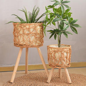 Pot de fleurs tressé avec pieds en bois, support pour plantes d'intérieur, panier en rotin pour plantes vertes, support de sol pour décoration de la maison - Product Image 3