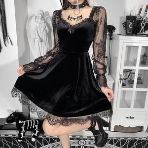 open lace back dress Gothic Punk Irregular Black Ripped Dress with Long Gloves