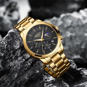 NIBOSI 2575 Montre à quartz en or de luxe toute neuve pour hommes, acier inoxydable, étanche, phases lunaires, chronographe, montres masculines - Product Image 3